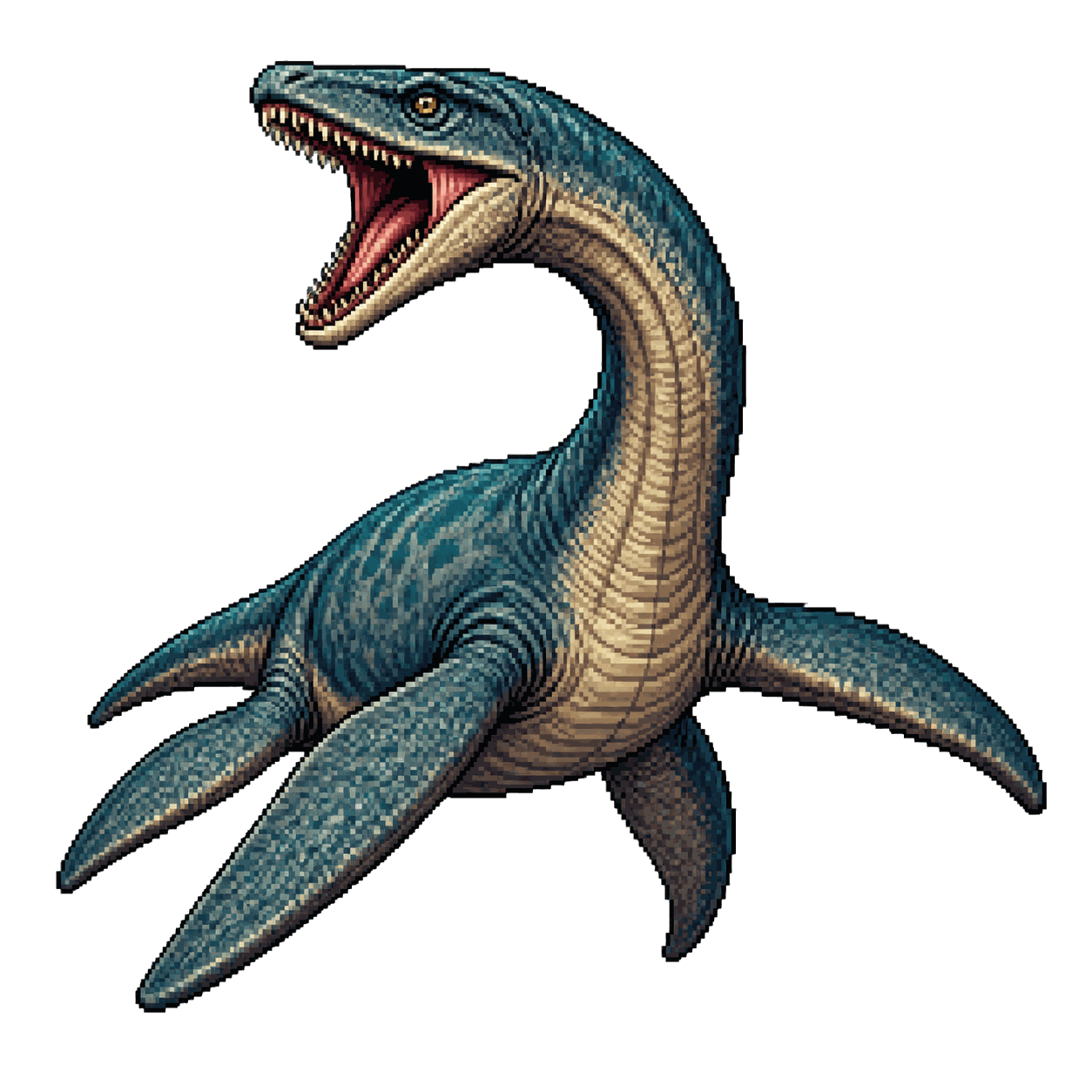 Static high-resolution pixel-art portrait of Plesiosaurus.