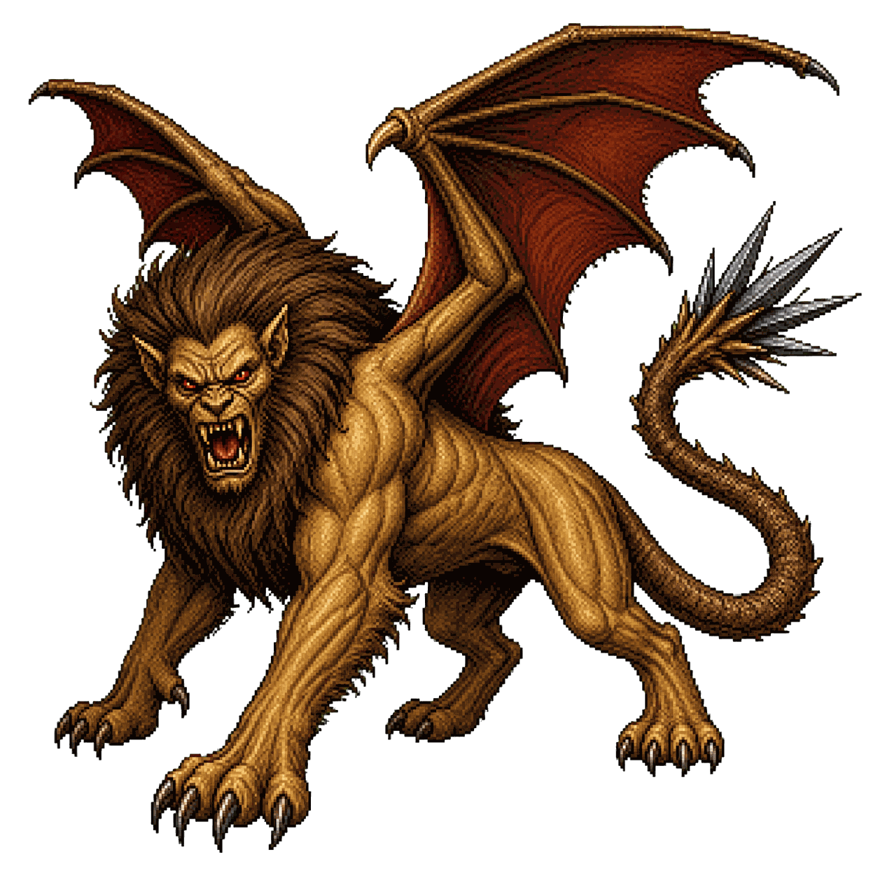Static high-resolution pixel-art portrait of Manticore.