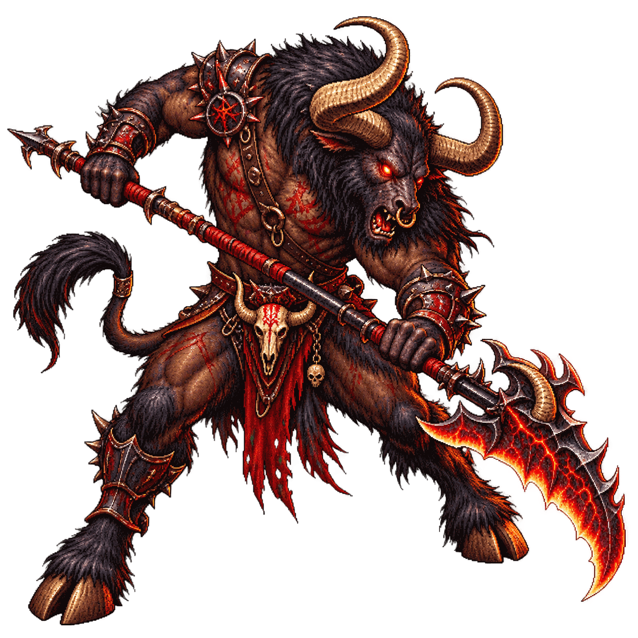 Static high-resolution pixel-art portrait of Minotaur of Baphomet.