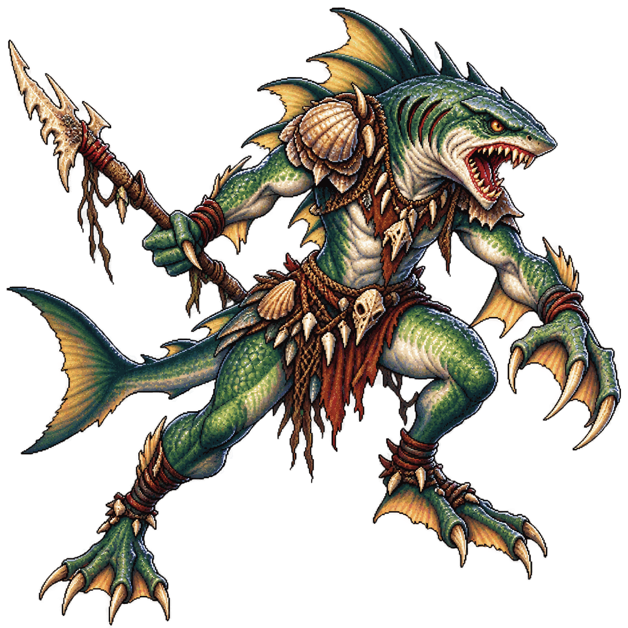 Static high-resolution pixel-art portrait of Sahuagin Warrior.