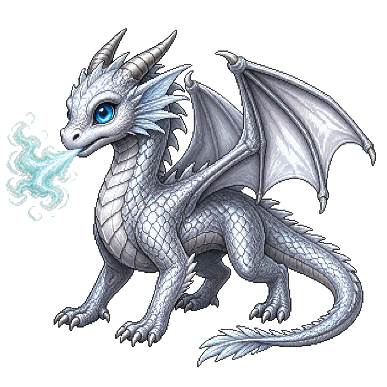 Static high-resolution pixel-art portrait of Silver Dragon Wyrmling.