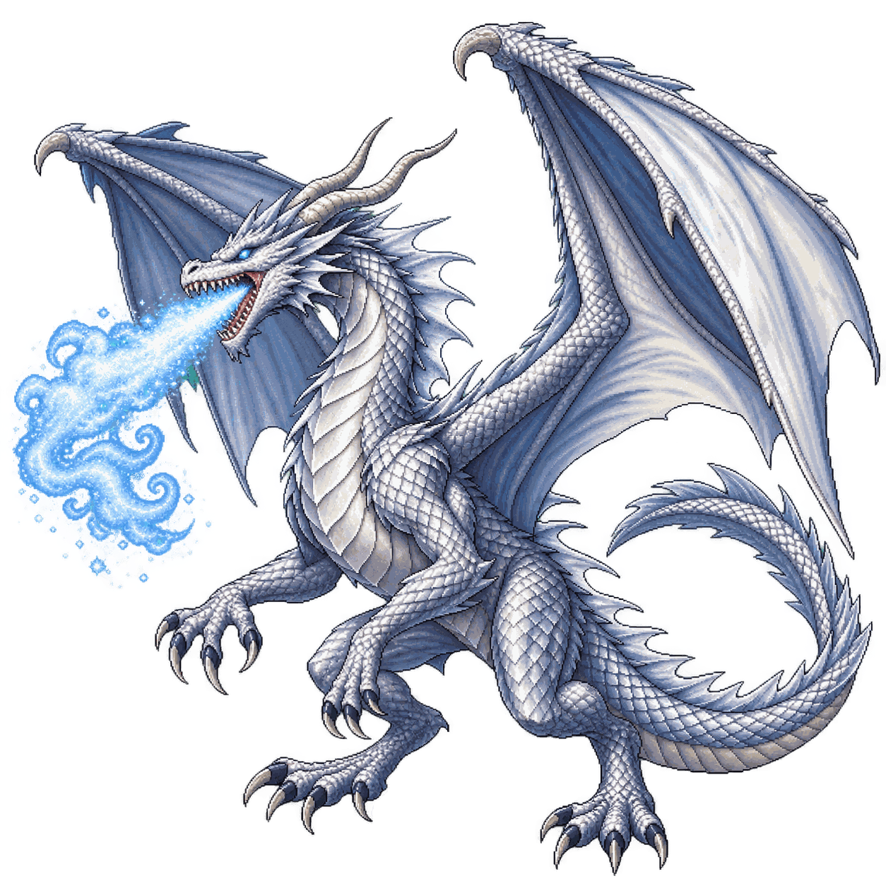 Static high-resolution pixel-art portrait of Young Silver Dragon.